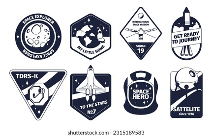 Vintage space emblem. Retro monochrome labels with galaxy rocket shuttle stars and planets, classic space symbols in premium quality stickers. Vector set. Cosmos exploration patch collection