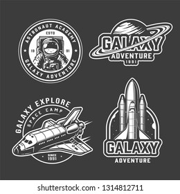Vintage space exploration emblems set with cosmonaut saturn planet shuttle and rocket launch in monochrome style isolated vector illustration