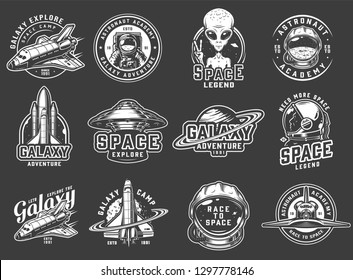 Vintage space exploration logos set with astronaut in spacesuit spaceman helmet spaceships shuttle alien showing peace sign saturn planet isolated vector illustration