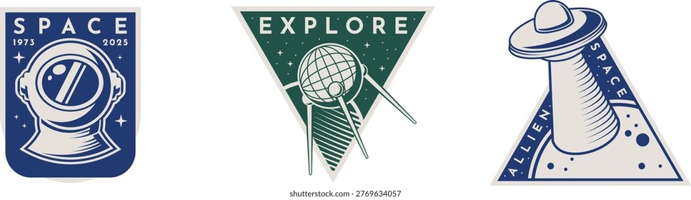 Vintage space exploration memorabilia featuring astronaut, rocket, and space shuttle patches
