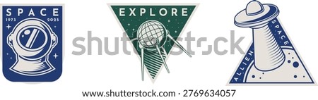 Vintage space exploration memorabilia featuring astronaut, rocket, and space shuttle patches