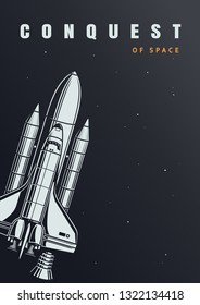 Vintage space exploration poster with flying spaceship vector illustration