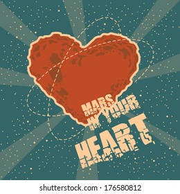 Vintage space greeting card with heart shape Mars and titles