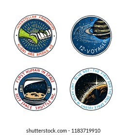 Vintage Space logo. Exploration of the astronomical galaxy. mission astronaut or spaceman. cosmonaut adventure. satellite badge emblem patch sticker. engraved hand drawn sketch.