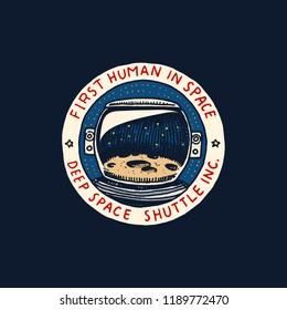Vintage Space logo. Exploration of the astronomical galaxy. mission astronaut or spaceman. cosmonaut adventure. badge emblem patch sticker. engraved hand drawn sketch.