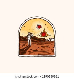 Vintage Space logo. Exploration of the astronomical galaxy. mission astronaut or spaceman. cosmonaut adventure. badge emblem patch sticker. engraved hand drawn sketch.