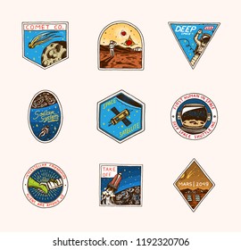Vintage Space logo. Exploration of the astronomical galaxy. mission astronaut or spaceman. cosmonaut adventure. satellite badge emblem patch sticker. engraved hand drawn sketch.