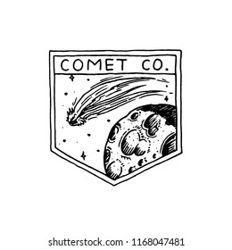 Vintage Space logo with the moon and the falling star. Exploration of the astronomical galaxy. mission spaceman. cosmonaut adventure. Planet badge emblem sticker. engraved hand drawn sketch.