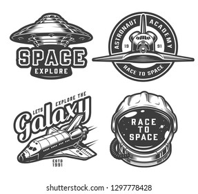 Vintage space logos collection with shuttle ufo astronaut helmet and spaceship front view in monochrome style isolated vector illustration