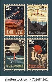 Vintage Space Postage Stamps. Stylization under the Mid Century USA Postmark