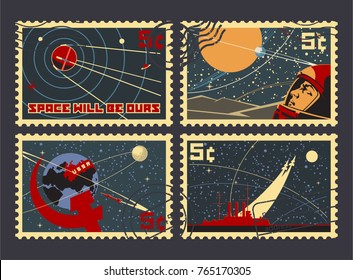 Vintage Space Postage Stamps. Stylization under the Old Soviet Space Propaganda