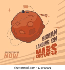 Vintage space postcard dedicated to the day of landing humans on Mars. The first humans on Mars - the Martian colonization project