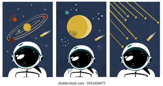 Vintage space poster: Astronaut in space. Retro posters on space themes. Cosmonaut and the solar system.