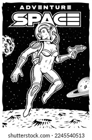 Vintage space poster with pin up astronaut girl and space landscape