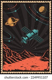 Vintage space poster with satellite on Mars planet. This design can also be used as a t-shirt print.