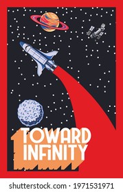 vintage space poster with space shuttle and moon, on stars background