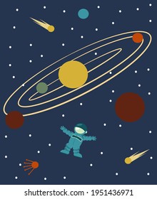 Vintage space poster. The solar system. An astronaut in outer space. Space objects.
