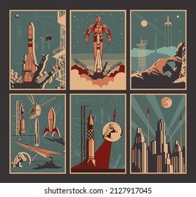 Vintage Space Posters style Illustration Set, Space Rockets, Satellites, Cosmonauts, Modern Buildings and Launching Pad