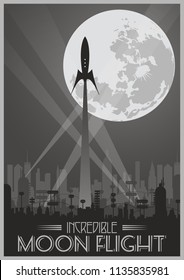 Vintage Space Propaganda Poster Stylization. Incredible Moon Flight