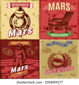 Vintage space research cards set with inscriptions spaceship rover helmet and cosmonaut on Mars planet landscape vector illustration