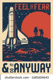 Vintage space research template with letterings shuttle and cosmonauts on planet surface vector illustration