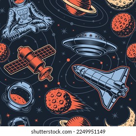 Vintage space seamless pattern with design elements such as flying saucer, planets, space satellite, shuttle, asteroid