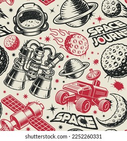 Vintage space seamless pattern with design elements such as asteroid, space rover, planets, astronaut helmet, rocket engine