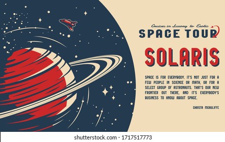 Vintage space travel horizontal poster with shuttle flying around planet vector illustration