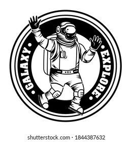 Vintage spaceman exploring galaxy vector illustration. Monochrome astronaut in spacesuit and helmet. Science and space exploration concept can be used for retro template, banner or poster