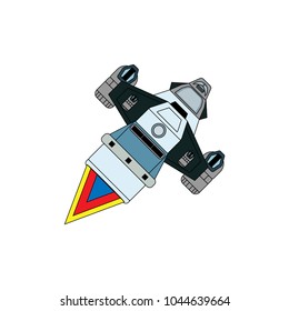 Vintage spaceship flat vector illustration isolated. Cartoon retro spaceship launch taking off. Spacecraft rocket icon for comics cartoon design. Astronaut vehicle symbol. Science technology concept