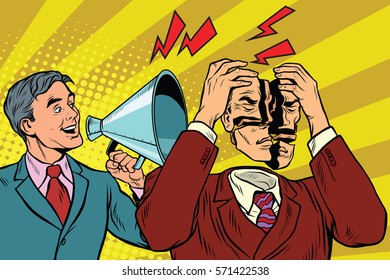 Vintage speaker with a megaphone shouting, pop art retro illustration