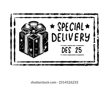 Vintage Special Delivery Postmark. Christmas Gift Postal Watermark for Holiday Cards, Scrapbooking, and Collages. Santa mail Isolated Stamp