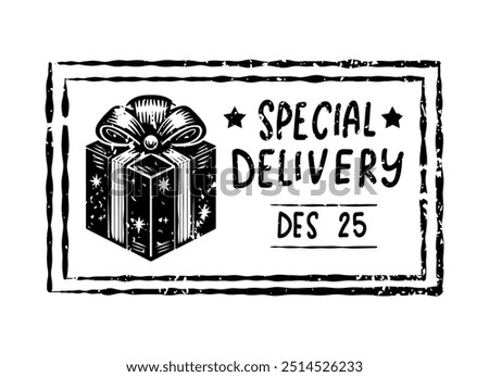 Vintage Special Delivery Postmark. Christmas Gift Postal Watermark for Holiday Cards, Scrapbooking, and Collages. Santa mail Isolated Stamp