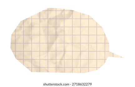 Vintage speech bubble sticker cut out from old beige crumpled grid notebook paper sheet. Muted purple lines and dotted texture. Vector illustration for mixed media design on transparent background