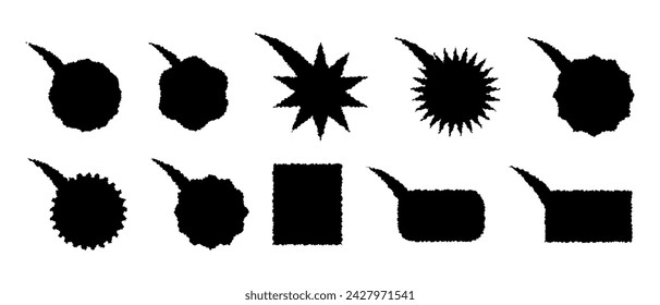 Burbujas de habla vintage con un borde áspero y desgarrado. Conjunto de elementos grunge para collage, pegatina. Iconos negros. Rectángulo cuadrado de estrella de discurso de burbuja. Ilustración vectorial.