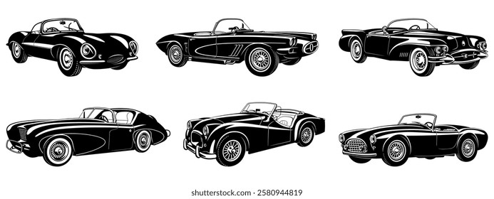 Vintage Speed Cars, Cabriolets Silhouettes. Vector cliparts isolated on white.