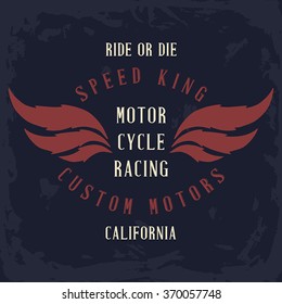 Vintage speed king t-shirt graphic with wings. Design of the vector typographic of t-shirts and for other uses. Vector illustration.