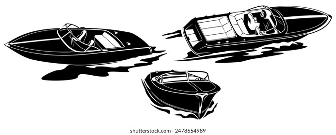 Vintage Speedboats Silhouettes. Set of motorboats cliparts isolated on white.