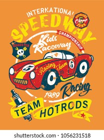 Vintage speedway kids roadster racing team, vector print with fabric applique for children wear grunge effect in separate layer