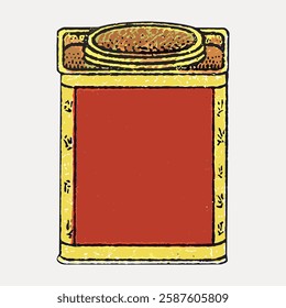 Vintage spice tin with a red label and yellow border. Retro tin design, perfect for spice storage. Old-fashioned spice tin, ideal for kitchen decor. Vintage art illustration, vector.