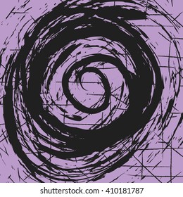 vintage spiral scratched black ink background, grunge splash, vector paint brush