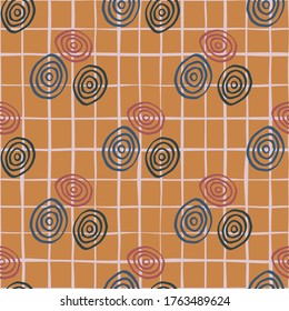 Vintage spirals seamless pattern on line background.  Line drawing.Artistic backdrop. Circle shape. Hand drawn vector wallpaper. For fabric design, textile print, wrapping, cover. 