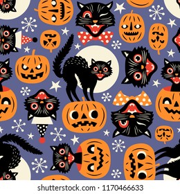 Vintage spooky cats   halloween pumpkins seamless vector pattern purple background 