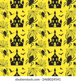 Vintage Spooky Horror Holiday Halloween seamless pattern design with Castle, Bat, Spider Yellow Background Vector Illustration