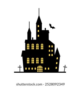 Vintage spooky silhouette, isolated halloween mansion or haunted house. Vector old home with flying bats, illuminated rooms and graveyard. Fortress with towers and medieval architecture