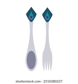 Vintage Spoon, Fork with decoration on the end of handle. Silver cutlery with red gemstone. Cutlery. Dessert spoon. Kitchenware, tableware. Retro style. Isolated. Flat style. Color Vector illustration