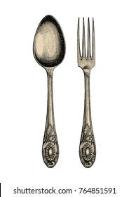 Vintage spoon and fork hand drawing,Spoon and fork sketch art isolate on white background