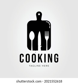 vintage spoon, fork and knife on the cutting board logo vector illustration design. cooking and kitchen symbol