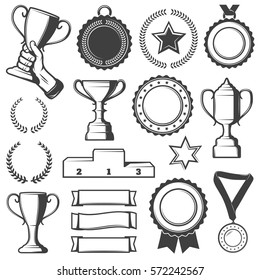 Vintage sport awards elements collection with cups medals laurels stars ribbons and pedestal isolated vector illustration