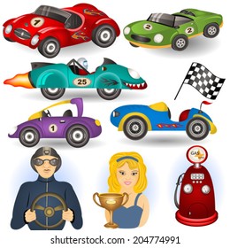 vintage sport cars cartoon illustration set.